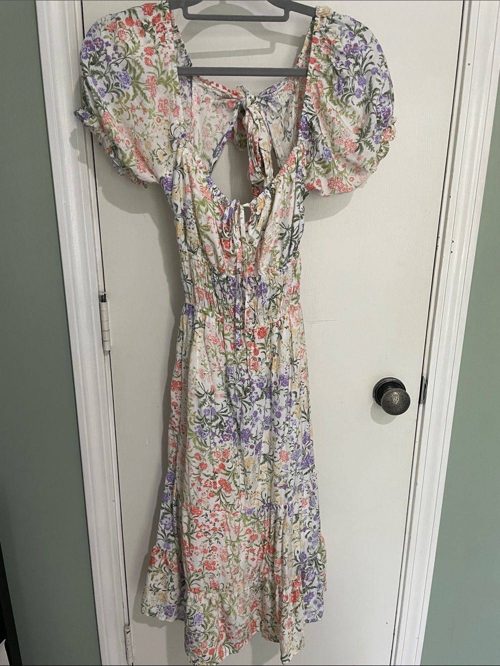 Liberty Love Cream Midi Dress with Purple and Coral Floral Print